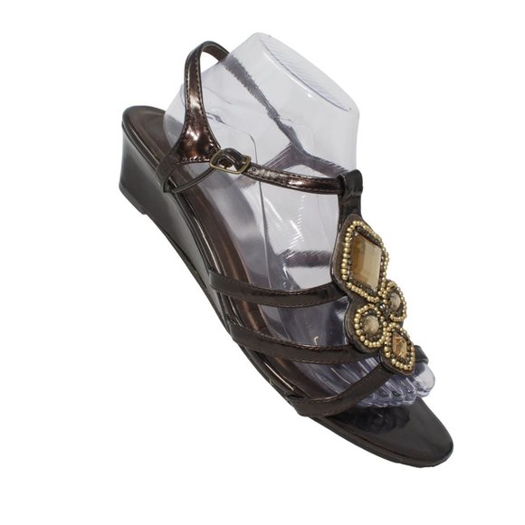 Madeline Stuart 10M Rhinestone Beaded Embellishment Black Strappy Wedge Sandals - Picture 2 of 14